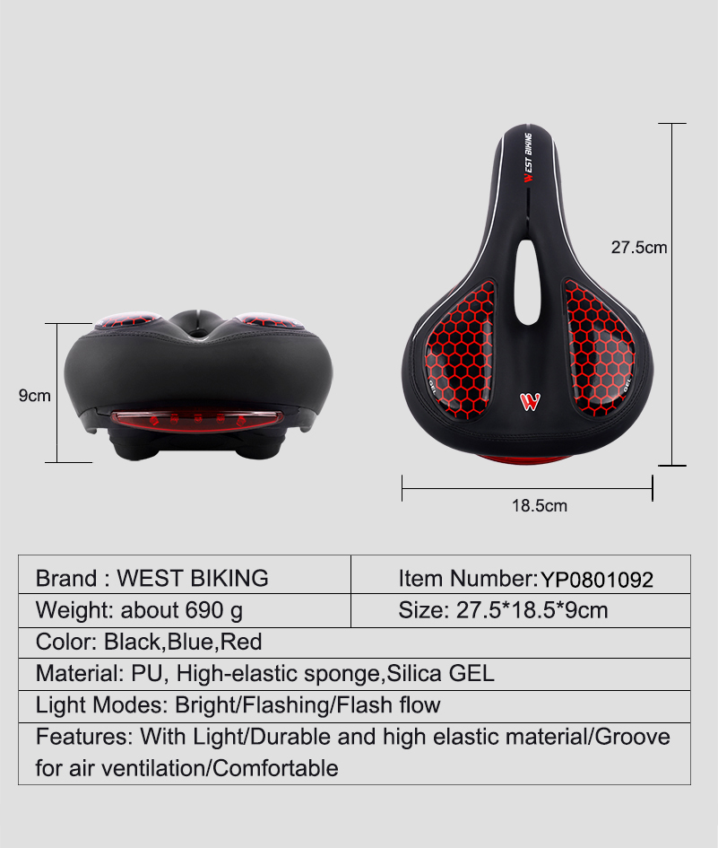 Super Soft Elastic Bicycle Saddle with Taillight
