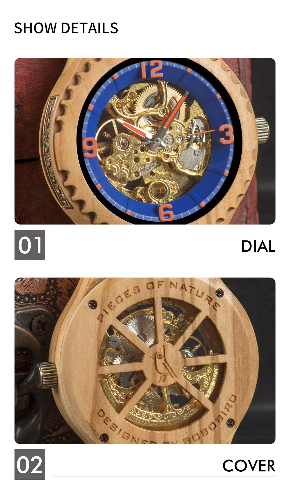 Logo Customized Wooden Mechanical Watch for Men
