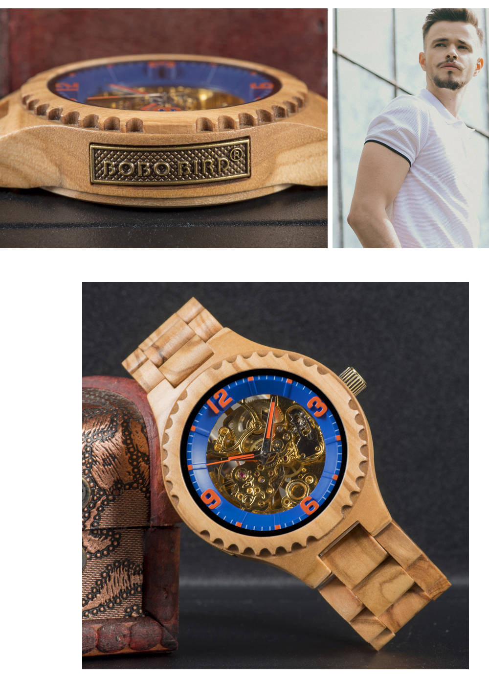 Logo Customized Wooden Mechanical Watch for Men