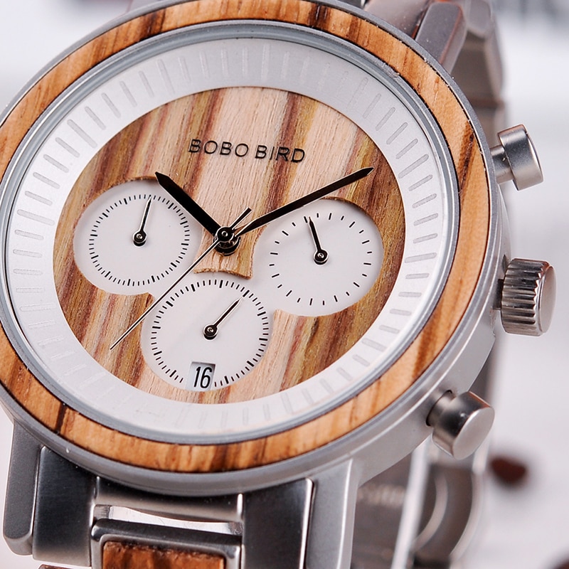 Men's Stainless Steel and Wood Watch