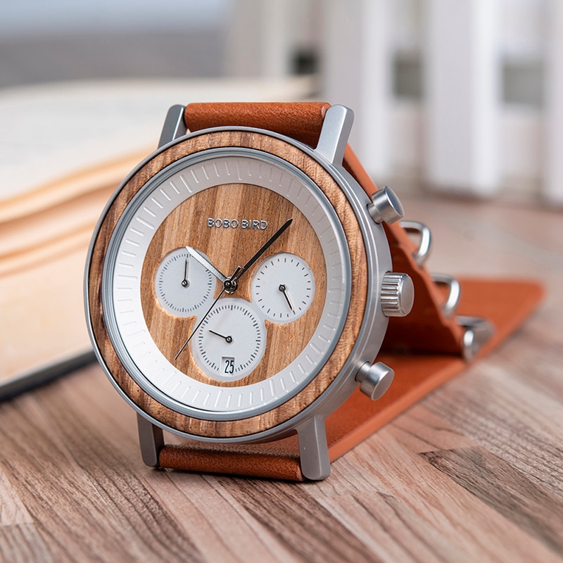 Men's Stainless Steel and Wood Watch