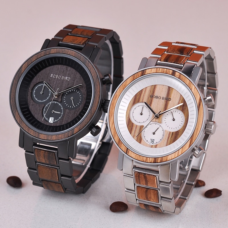 Men's Stainless Steel and Wood Watch