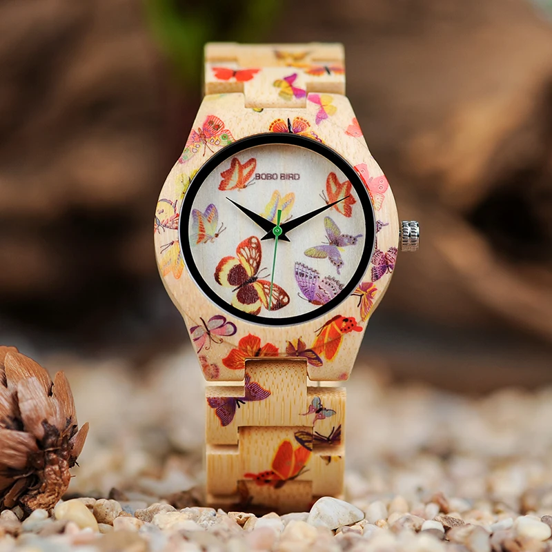 Women's Bamboo Butterfly Printed Quartz Watch